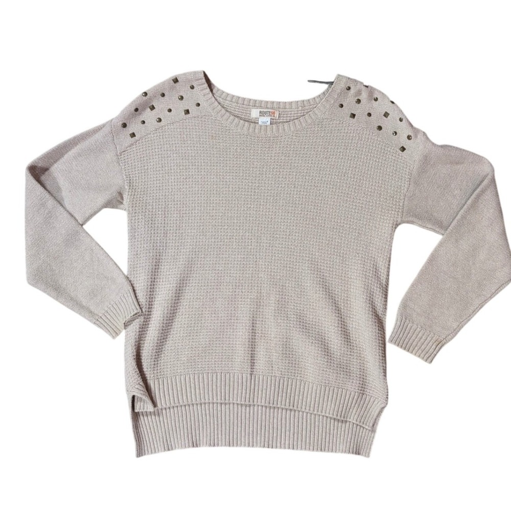 Route 66 Studded Sweater Womens Medium Tan Waffle Knit 90s‎ Grunge High Low Hem